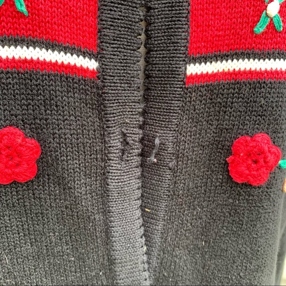 Vintage 90s Red and Black Striped Floral Crochet Crewneck Button Down Sweater - Picture 8 of 16